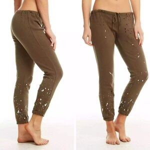 Chaser Studded Distressed Splatter Olive Green Fleece Jogger Pants Size M